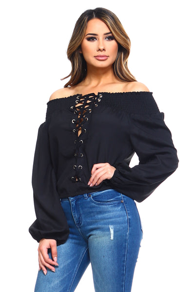 Women's Lace-Up Off Shoulder Elastic Blouse