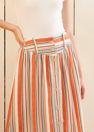 Women's Multi Stripe Button Front Midi Skirt in Rust Multi