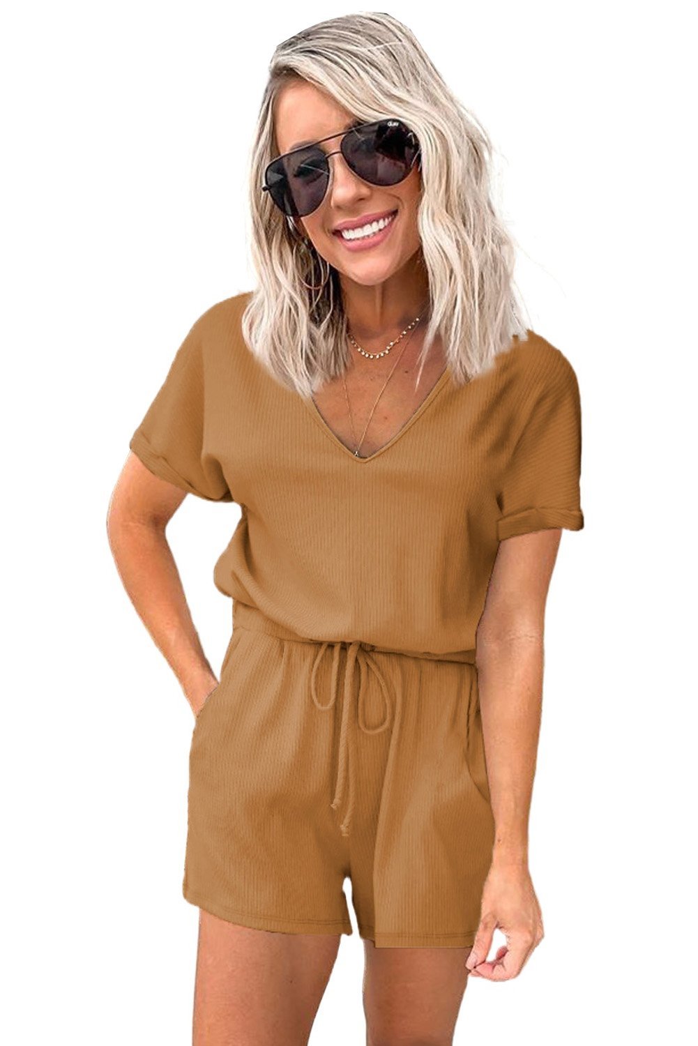 Casual Brown Short Sleeve Pocketed Knit Romper