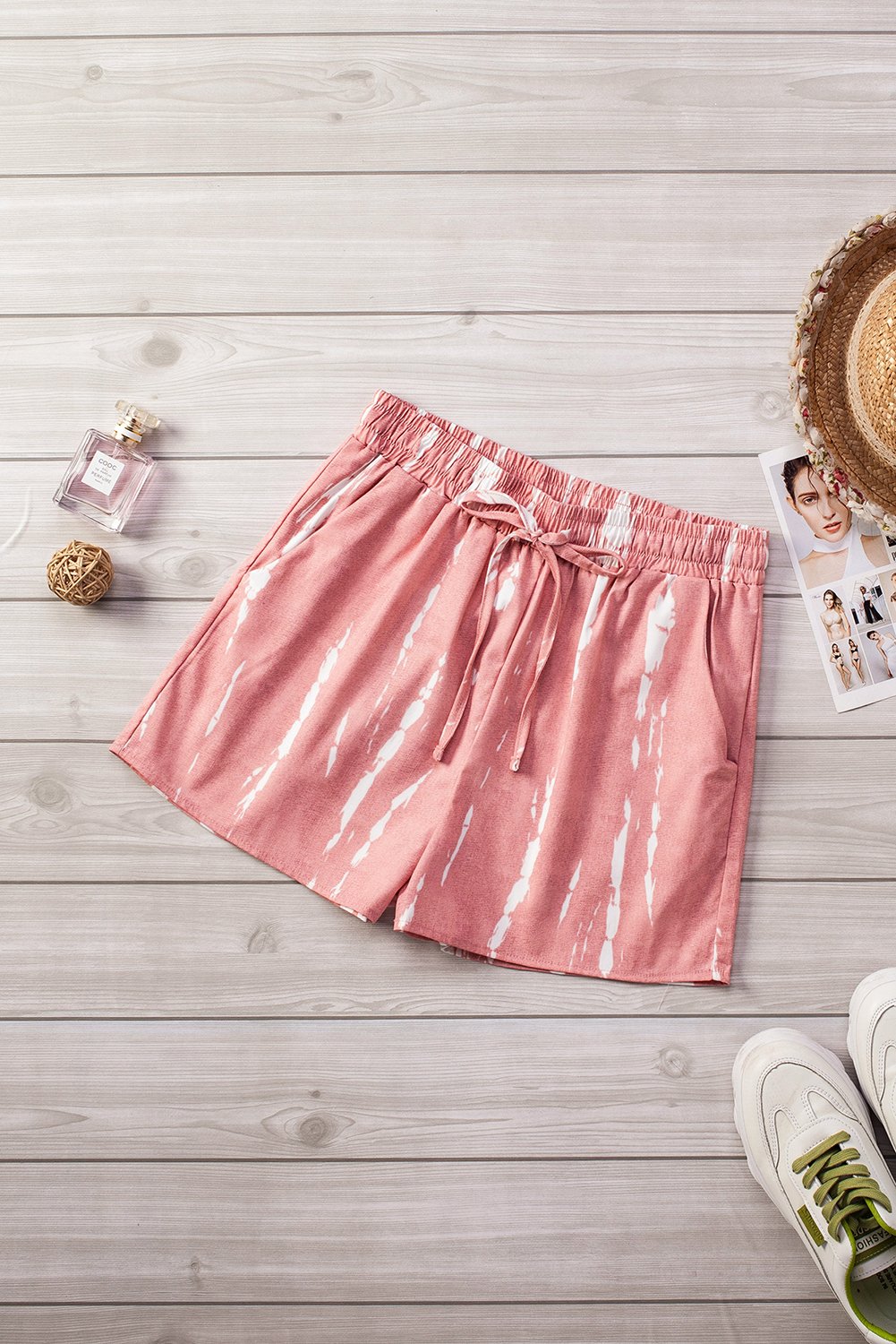 Pink White Tie Dye Drawstring Casual Shorts