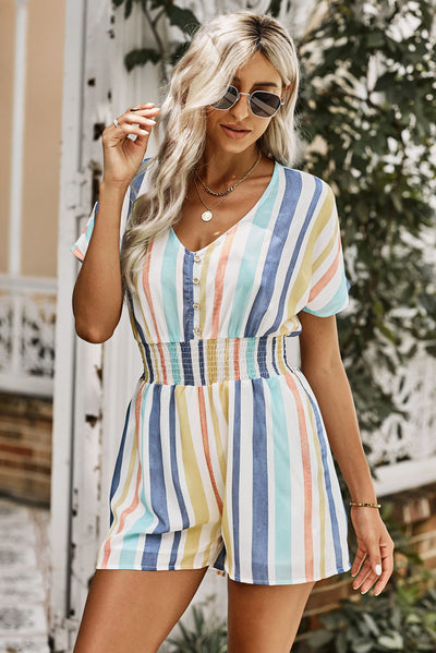 Summer Striped Print V-neck Button Romper