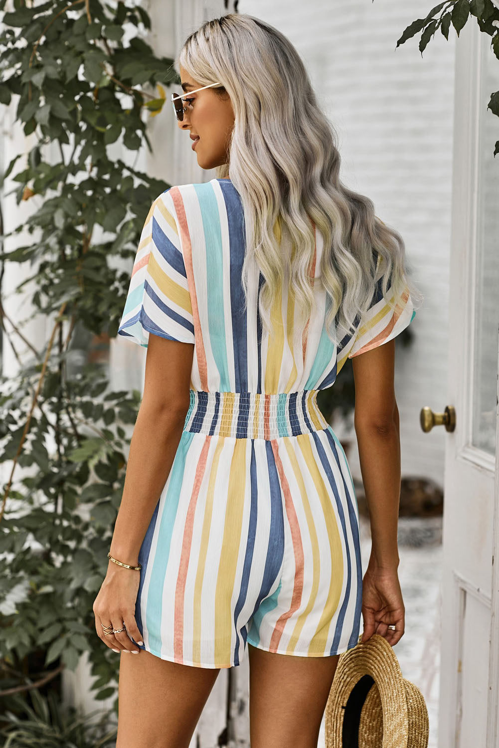 Summer Striped Print V-neck Button Romper