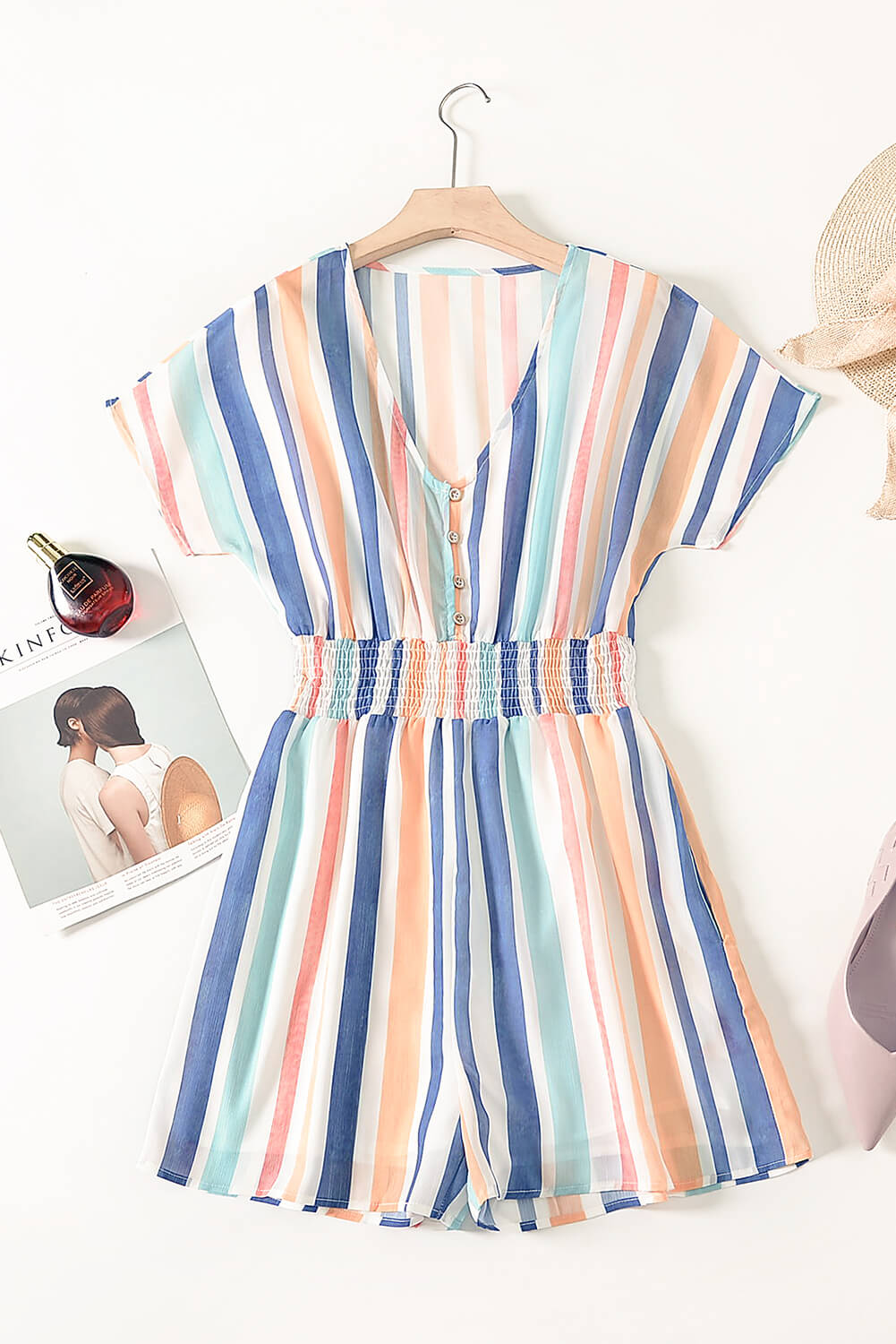 Summer Striped Print V-neck Button Romper