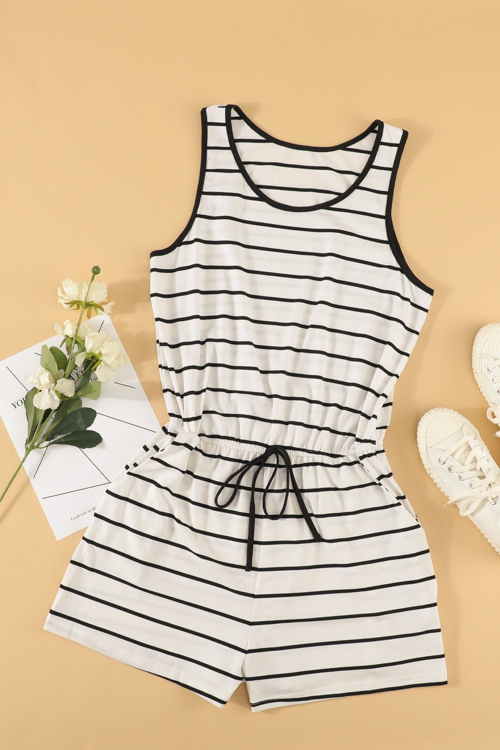 Whit Black Striped Sleeveless Lounging Romper