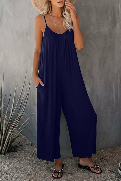 Casual Dark Blue Spaghetti Straps Pocketed Wide Leg Jumpsuits