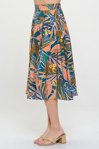 Tropical Leaf Print Midi Skirt with Pockets