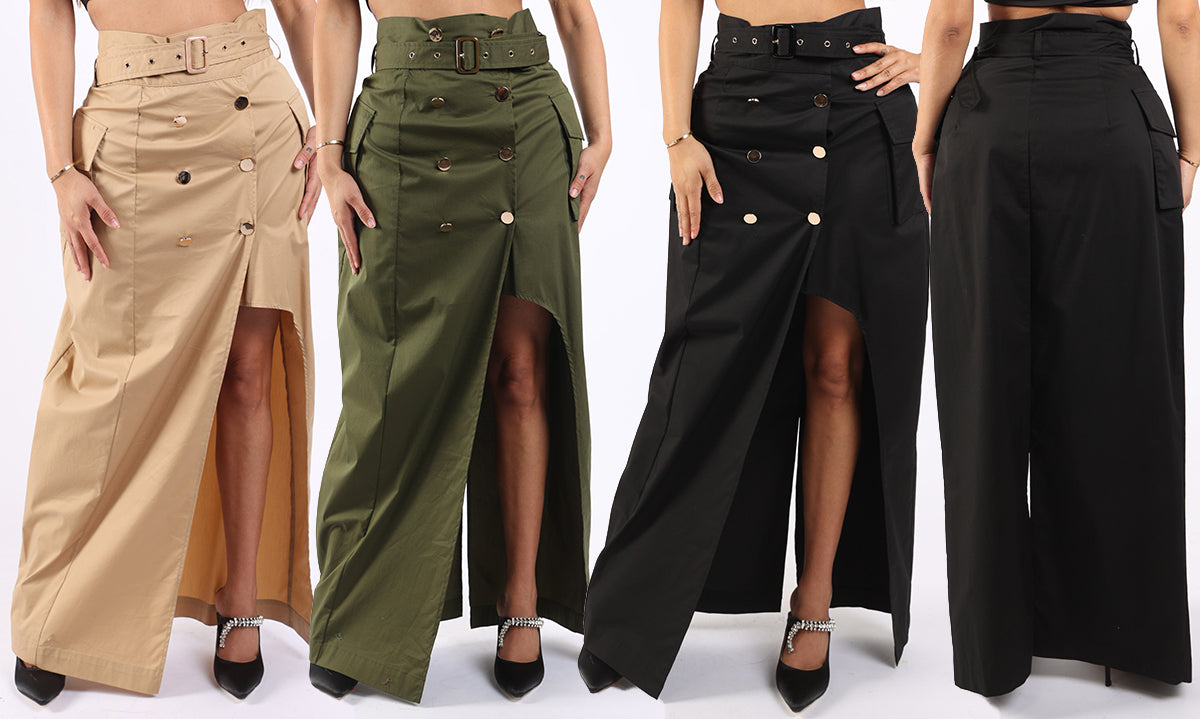 Asymmetric Self Belted Pockets Detailed Maxi Skirt Formal Casual