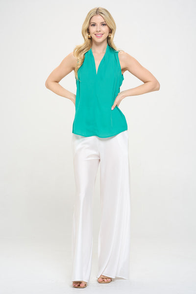 Solid V neck Top with Drape Neckline