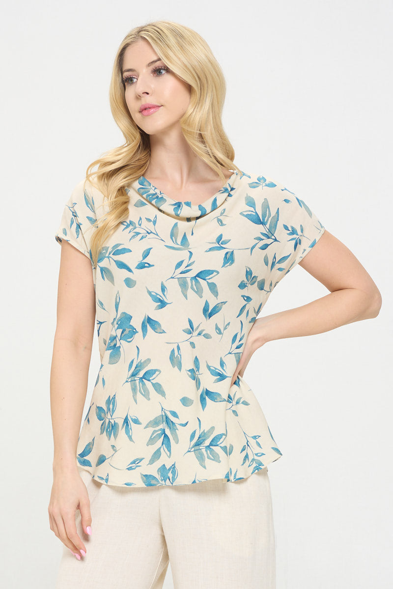 Print Linen Top with Cowl Neck