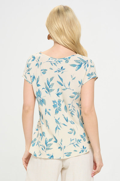 Print Linen Top with Cowl Neck